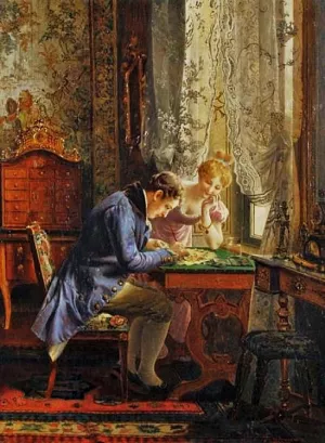 Decorating a Fan by Johann Hamza - Oil Painting Reproduction