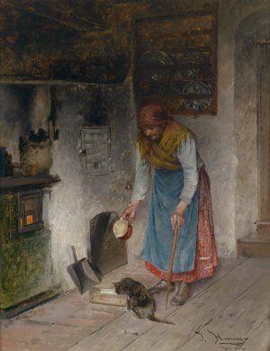 Milch fur das Katzchen by Johann Hamza Oil Painting