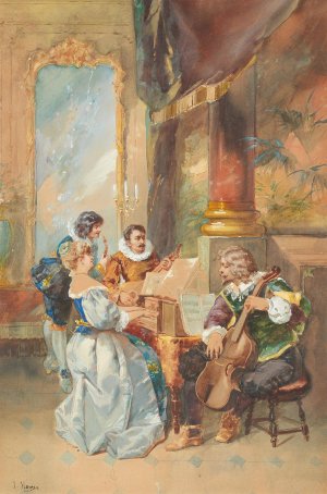 Music making in the house, a quartet in a baroque ambiance by Johann Hamza Oil Painting