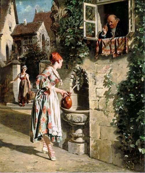 Watering Plants by Johann Hamza - Hand-Painted Oil Painting Reproduction