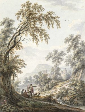 Landschap met watervalletje en in de verte een kasteel by Johann Heinrich Muntz Oil Painting