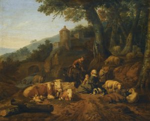 A Landscape With Drovers And Their Flock At Rest by Johann Heinrich Roos Oil Painting