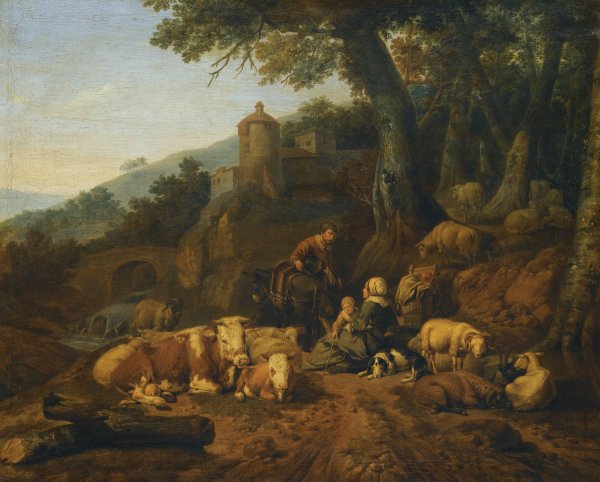 A Landscape With Drovers And Their Flock At Rest  by Johann Heinrich Roos - Hand-Painted Oil Painting Reproduction