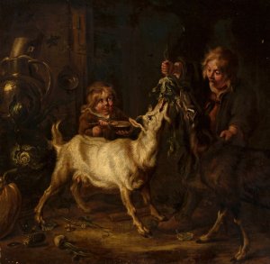 Children feeding goats by Johann Heinrich Roos Oil Painting