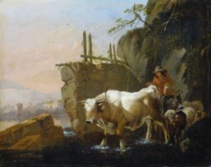 Herdsmen Driving Cattle through a Ford by Johann Heinrich Roos Oil Painting