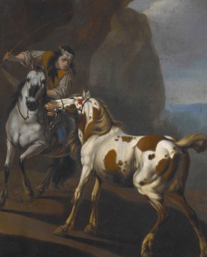 Indian taming a horse by Johann Heinrich Roos Oil Painting