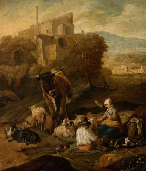 Pastoral Scene Against Ruins by Johann Heinrich Roos Oil Painting