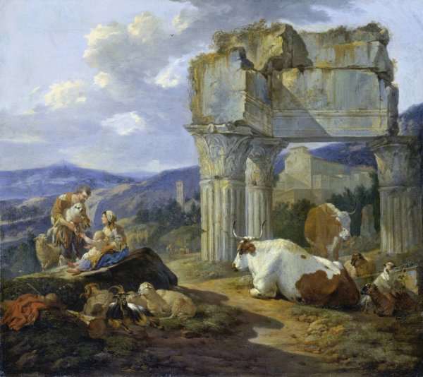 Roman Shepherd's Family with their Flock  by Johann Heinrich Roos - Hand-Painted Oil Painting Reproduction