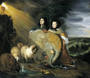 Self Portrait with his Wife and Symbols of the Christian Faith by Johann Heinrich Roos Oil Painting