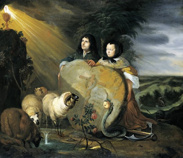 Self Portrait with his Wife and Symbols of the Christian Faith  by Johann Heinrich Roos - Hand-Painted Oil Painting Reproduction
