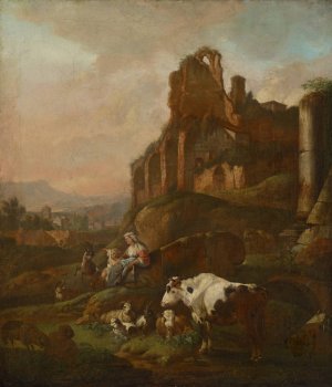 Shepherdess and Flock in front of Antique Ruins by Johann Heinrich Roos Oil Painting