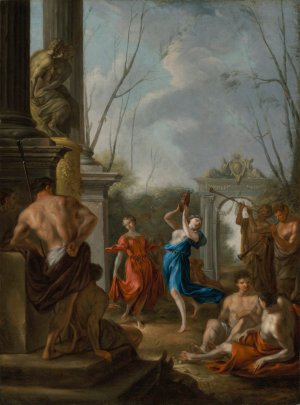A Bacchanale in a classical courtyard by Johann Heinrich Schonfeld Oil Painting