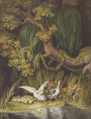 A Goose and a Gander with their Goslings Honking in Alarm as Two Foxes with their Cubs Emerge from the Rushes by Johann Heinrich Wilhelm Tischbein Oil Painting