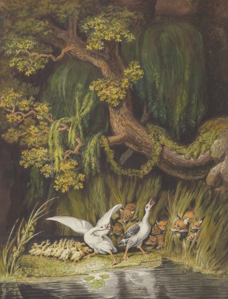 Main Product Photo of A Goose and a Gander with their Goslings Honking in Alarm as Two Foxes with their Cubs Emerge from the Rushes  Painting by Johann Heinrich Wilhelm Tischbein