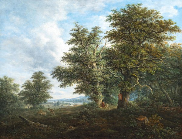 A hilly landscape with a traveller resting under a copse of oak trees  by Johann Jacob Dorner - Hand-Painted Oil Painting Reproduction