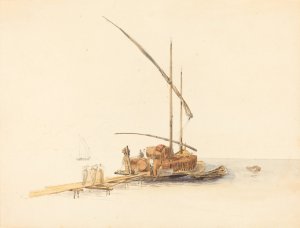 Wine Barrels Loaded onto a Sailing Barge at Vevey by Johann Jacob Ulrich Oil Painting