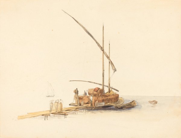 Wine Barrels Loaded onto a Sailing Barge at Vevey  by Johann Jacob Ulrich - Hand-Painted Oil Painting Reproduction