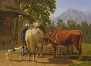 A Horse And Cow At A Well, In The Background Mountain Peak Niesen by Johann Jakob Biedermann Oil Painting