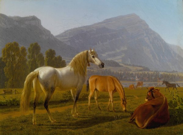 Alpine Landscape With Horses by Johann Jakob Biedermann - Hand-Painted Oil Painting Reproduction