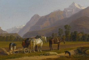 Landscape With Ploughmen And Horses In The Canton Of Valais by Johann Jakob Biedermann Oil Painting