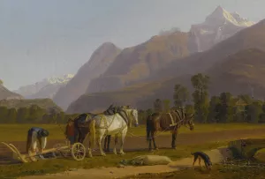 Landscape With Ploughmen And Horses In The Canton Of Valais Oil painting by Johann Jakob Biedermann