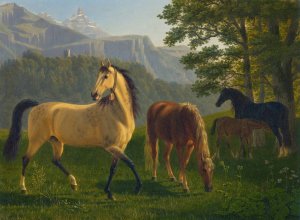 Pferde Vor Landschaft Horses In Landscape by Johann Jakob Biedermann Oil Painting
