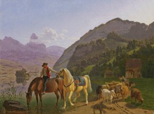 Rider With Two Horses And Herd by Johann Jakob Biedermann Oil Painting