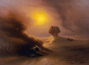 A Caravan Surprised By The Samoom In Front Of The Sphinx by Johann Jakob Frey Oil Painting