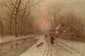 Abendstimmung uber einer Dorfstrase by Johann Jungblut Oil Painting