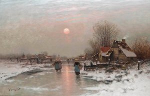Dutch peasants on a frozen waterway at sundown by Johann Jungblut Oil Painting