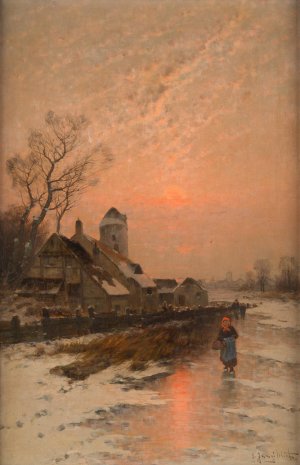 Winter sun over iced lake by Johann Jungblut Oil Painting