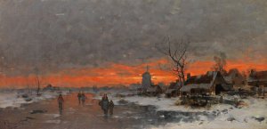 Winterlandschaft mit Dorfsilhouette im Abendrot by Johann Jungblut Oil Painting
