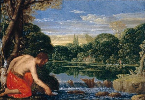 Wooded River Landscape with St John the Baptist by Johann Koenig - Hand-Painted Oil Painting Reproduction