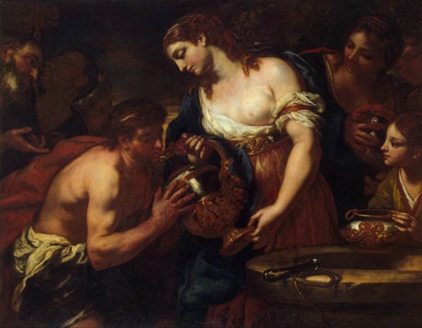 Eliezer and Rebecca at the Well by Johann Karl Loth - Hand-Painted Oil Painting Reproduction