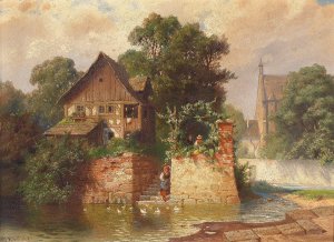 Idylle am Stadtgraben by Johann Kautsky Oil Painting