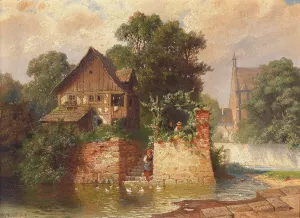 Idylle am Stadtgraben Oil painting by Johann Kautsky