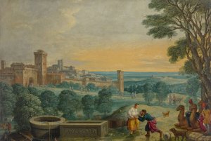 Rebecca and Eliezer at the well by Johann Konig Oil Painting