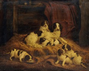 Dog Family by Johann Ludwig Burckhardt Oil Painting