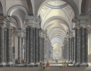 Blick in das Innere einer Barockkirche mit schwarzen Marmorsaulen und Staffagefiguren in der Tracht des 17. Jahrhunderts, 1790 Oil painting by Johann Ludwig Ernst Morgenstern