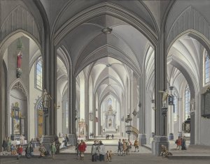 Blick in das Innere einer gotischen Hallenkirche mit vielen Staffagefiguren in der Tracht des 17. Jahrhunderts, links liest ein Priester die Messe, 1790 by Johann Ludwig Ernst Morgenstern Oil Painting