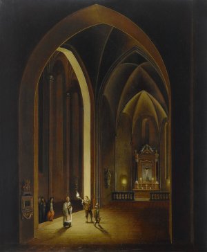 Candlelit church interior by Johann Ludwig Ernst Morgenstern Oil Painting