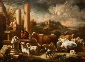 Cattle at the Ruins of the Temple Oil painting by Johann Mathias Wuzer