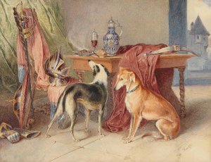 An interior with greyhounds and a still-life with pieces of armour by Johann Matthias Ranftl Oil Painting