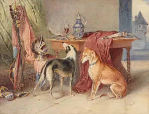 An interior with greyhounds and a still-life with pieces of armour by Johann Matthias Ranftl Oil Painting