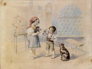 Bauernstube mit Kachelofen und Kindern by Johann Matthias Ranftl Oil Painting
