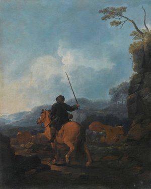 A shepherd riding a horse and leading his flock in a landscape Oil painting by Johann Melchior Roos