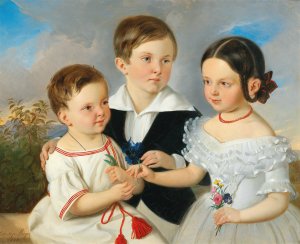Three Siblings by Johann Nepomuk Mayer Oil Painting