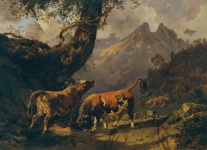 Stier, eine Kuh verfolgend, im Hintergrund Landschaft bei Carrara by Johann Nepomuk Rauch Oil Painting
