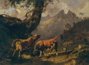 Stier, eine Kuh verfolgend, im Hintergrund Landschaft bei Carrara by Johann Nepomuk Rauch Oil Painting