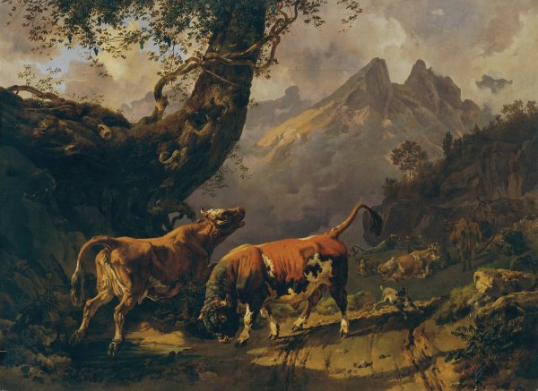Stier, eine Kuh verfolgend, im Hintergrund Landschaft bei Carrara  by Johann Nepomuk Rauch - Hand-Painted Oil Painting Reproduction